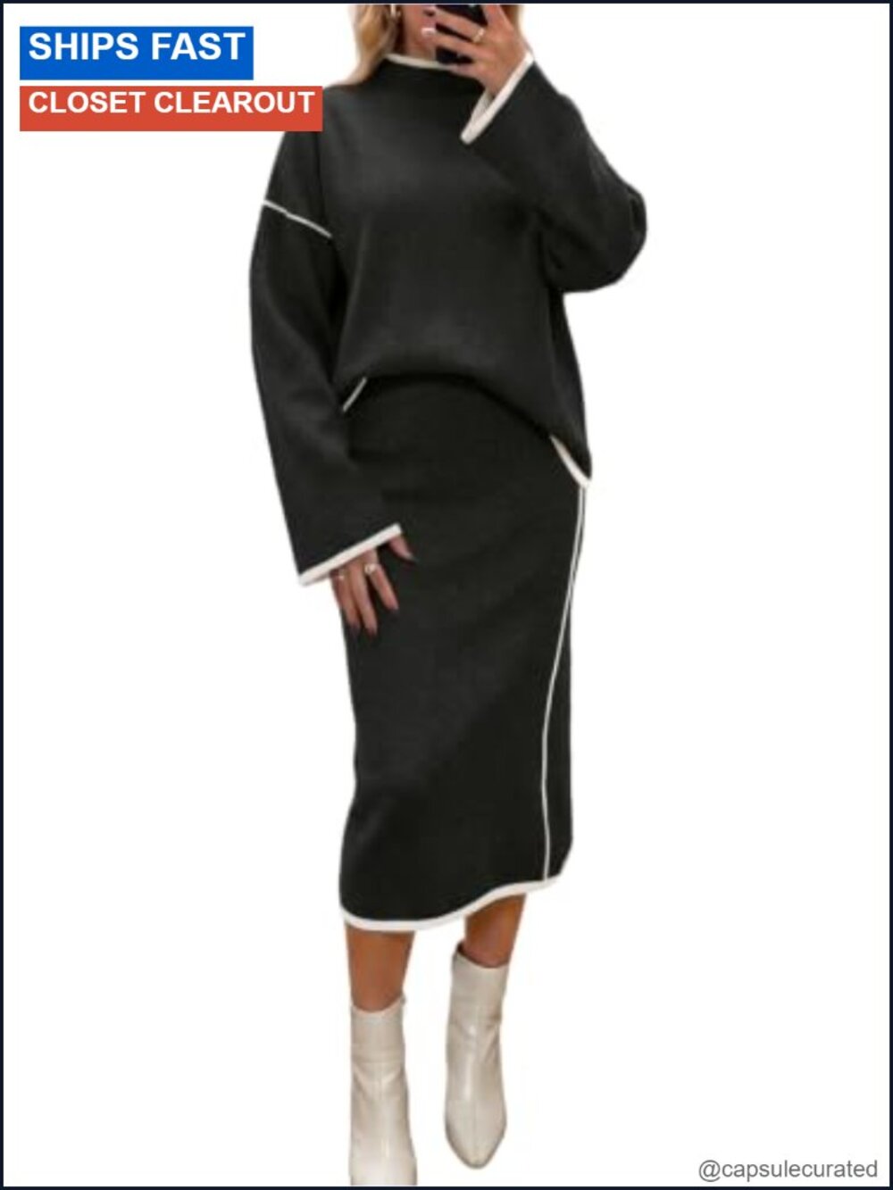 Women's 2 Piece Knit Sweater & Midi Skirt Set Mock Neck Long Sleeve